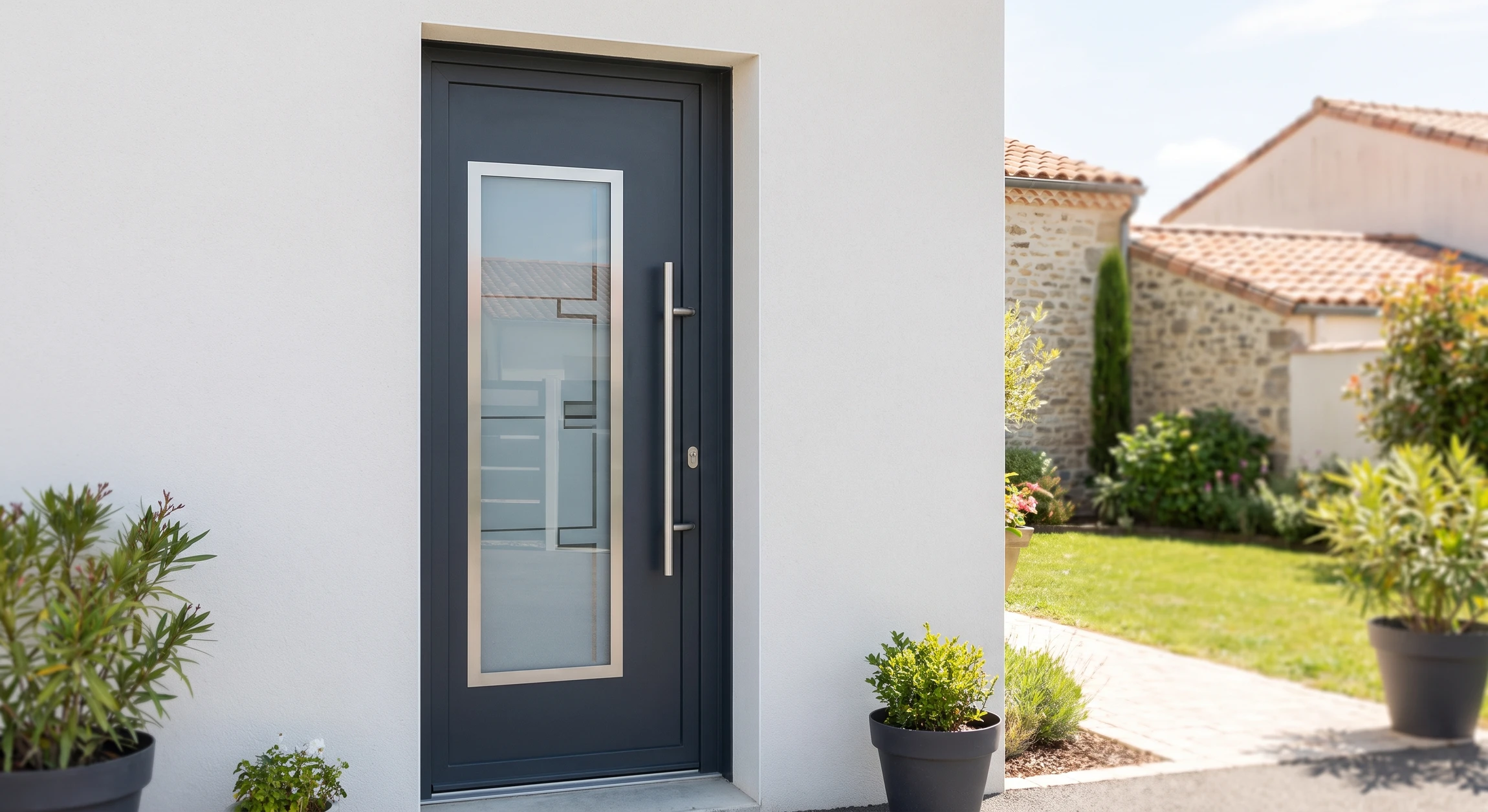 Porte d'entrée en aluminium anthracite mat installée sur façade enduite blanche, avec vitrage contemporain intégré, poignée barre en inox brossé, serrure multipoints, encadrement aluminium, style épuré et moderne, photographiée de face en extérieur en plein jour.