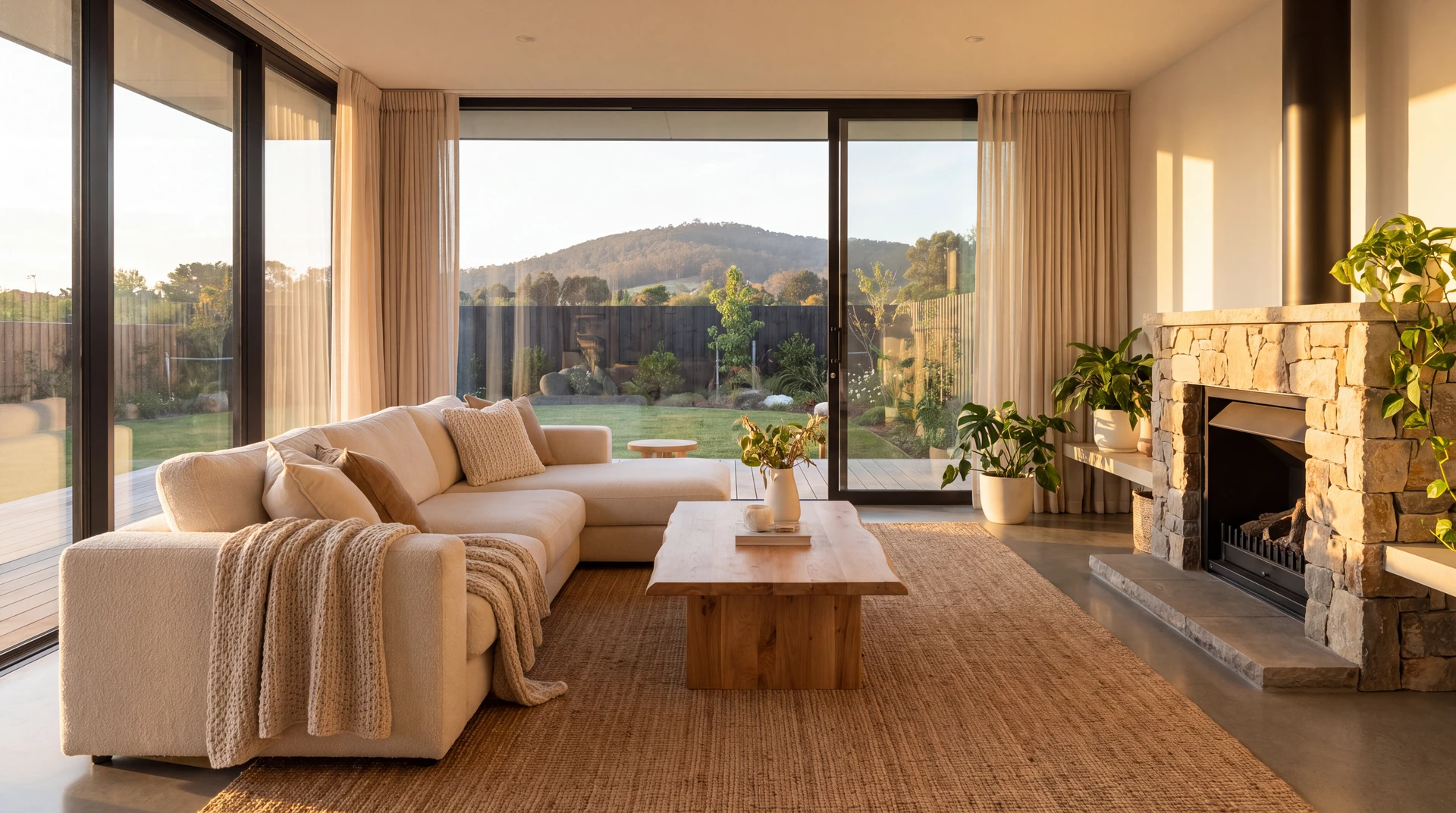 Intérieur moderne avec porte-fenêtre coulissante à cadre blanc ouverte sur terrasse