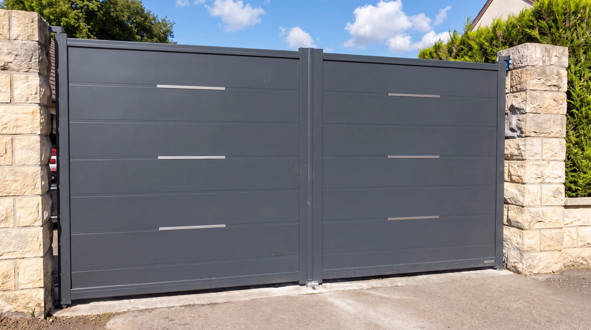 Portail résidentiel blanc à deux vantaux en aluminium avec design contemporain à lames horizontales ajourées